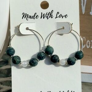 Handmade Kambaba & Selenite Beaded Sterling Silver Hoop Earrings